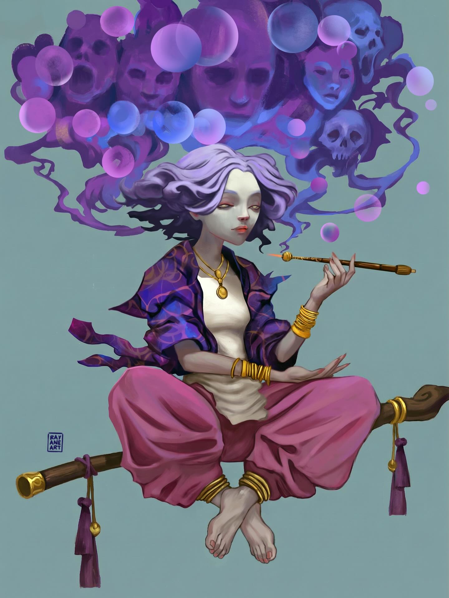 An illustrated character with flowing purple hair and floating masks