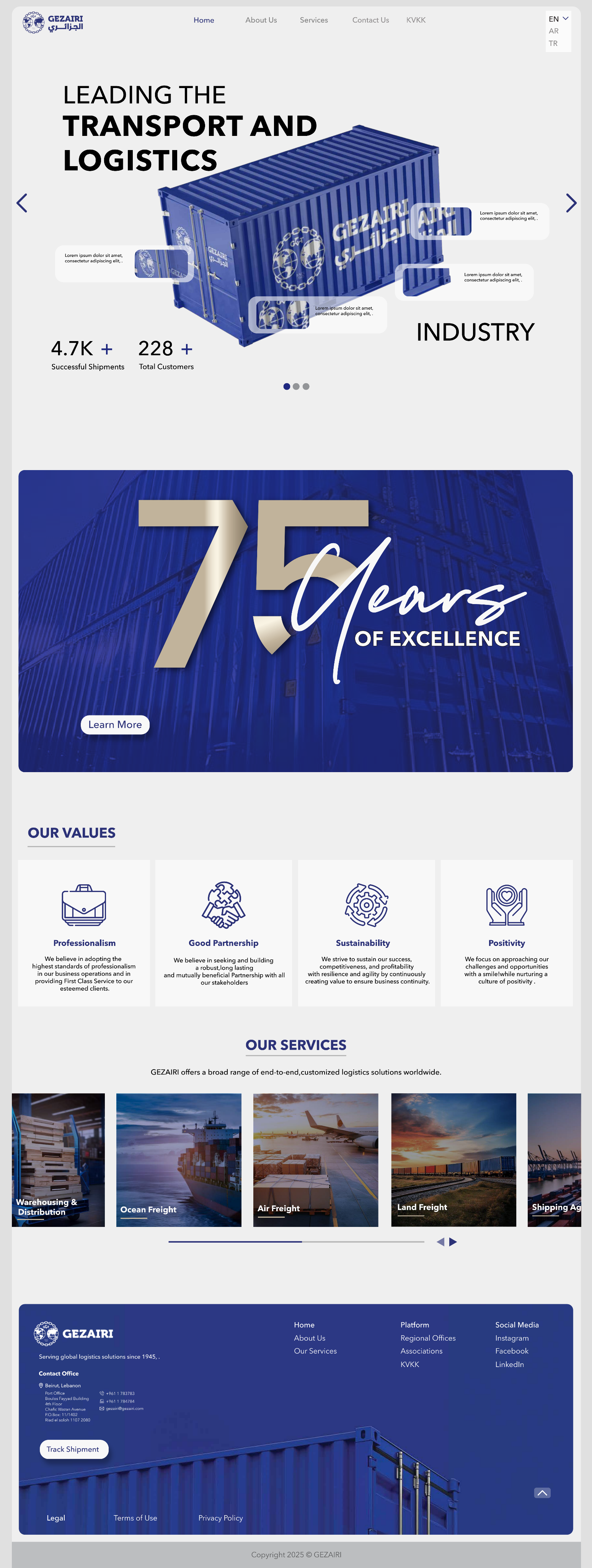 Gezaïri transport and logistics website design, with blue shipping containers and service sections